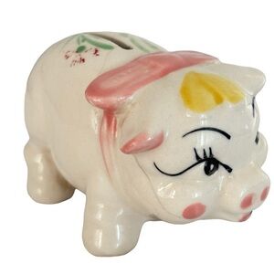 VTG Kitch Hand Painted Ceramic Piggy Coin Bank Floral Japan Mid Century Modern